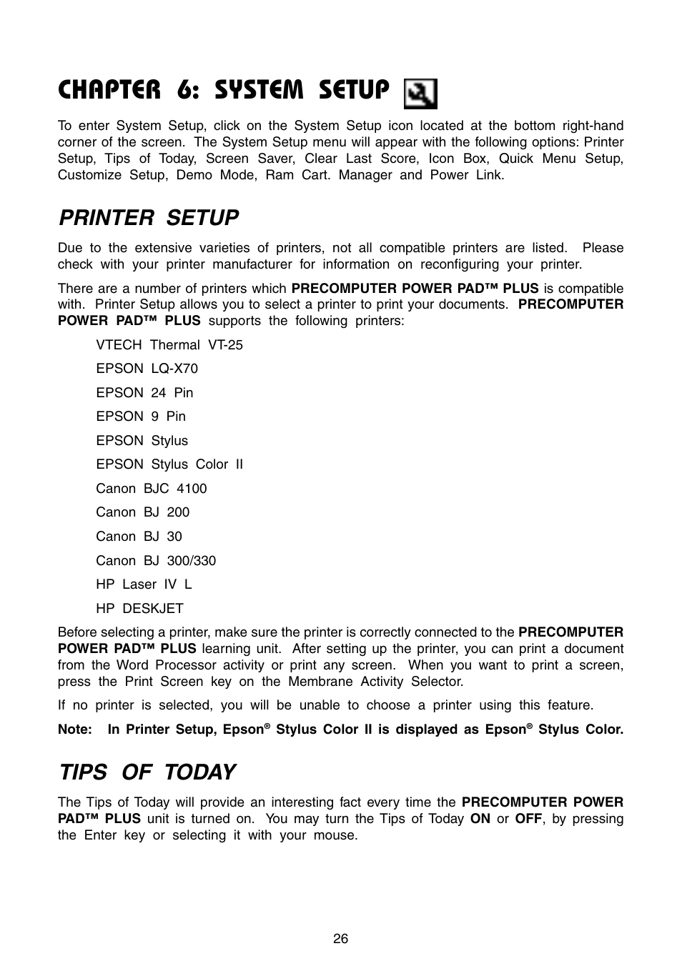 Chapter 6: system setup, Printer setup, Tips of today | VTech Precomputer Power Pad Plus User Manual | Page 30 / 88