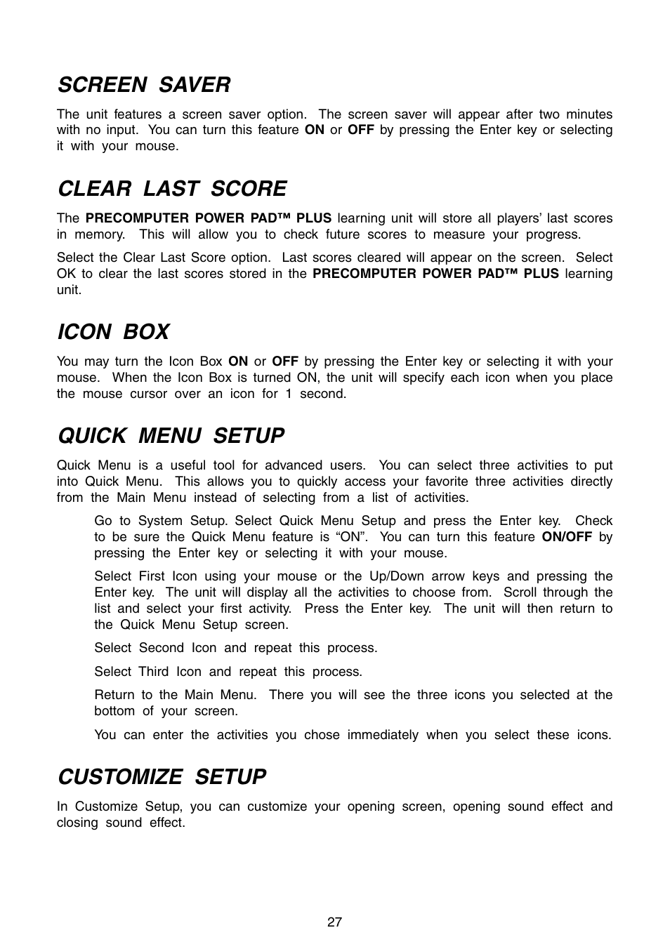 Screen saver, Clear last score, Icon box | Quick menu setup, Customize setup | VTech Precomputer Power Pad Plus User Manual | Page 31 / 88