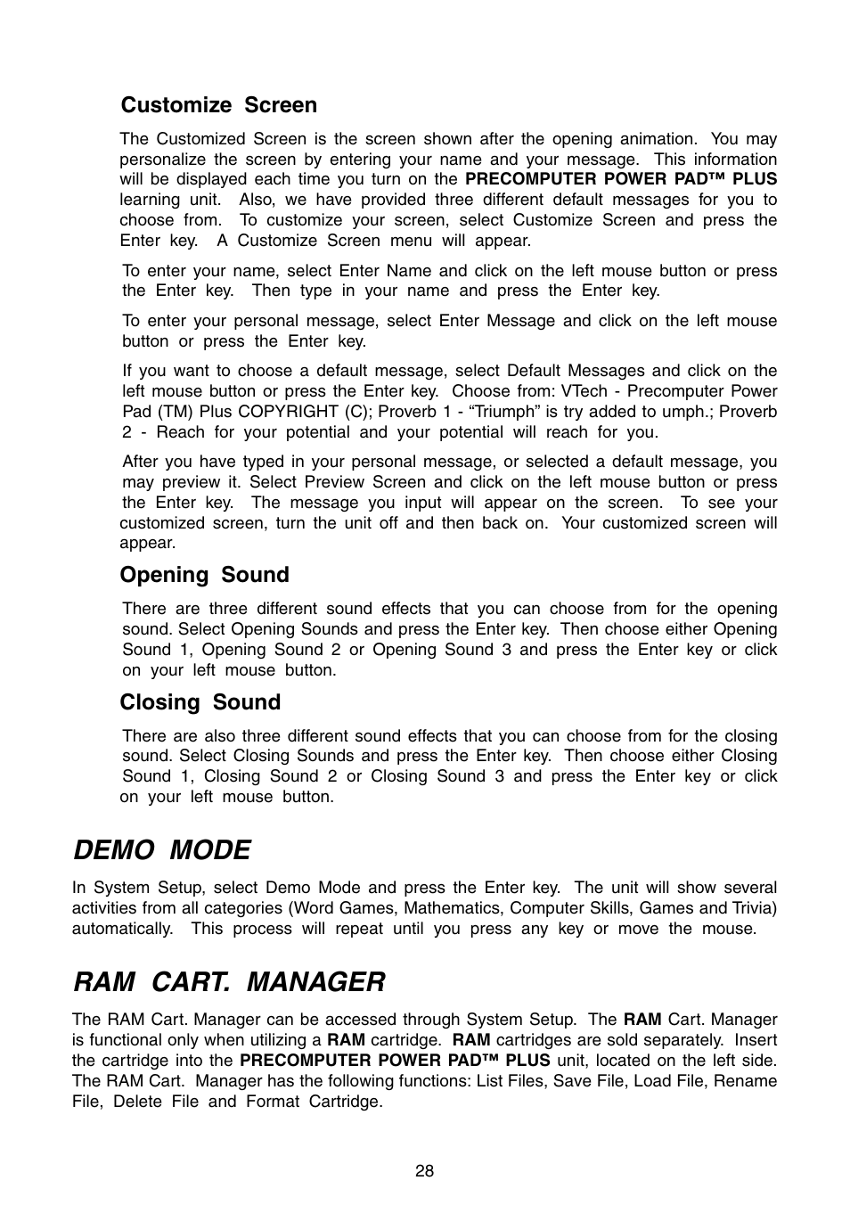 Demo mode, Ram cart. manager | VTech Precomputer Power Pad Plus User Manual | Page 32 / 88