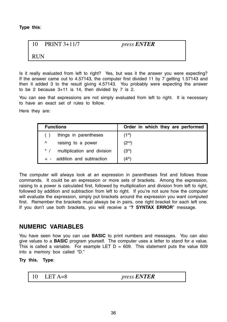 Numeric variables, 10 let a=8 press enter | VTech Precomputer Power Pad Plus User Manual | Page 40 / 88