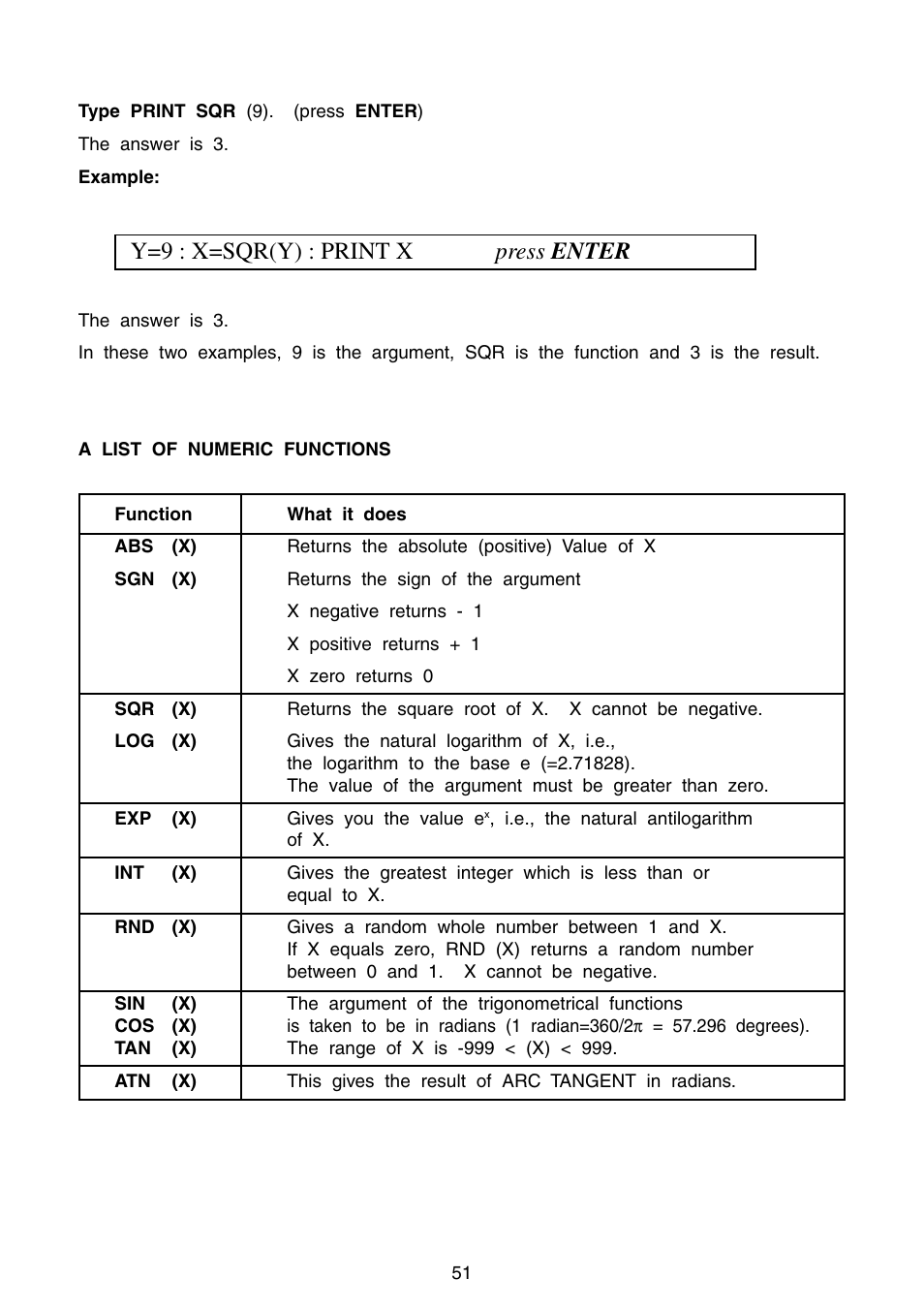 Y=9 : x=sqr(y) : print x press enter | VTech Precomputer Power Pad Plus User Manual | Page 55 / 88