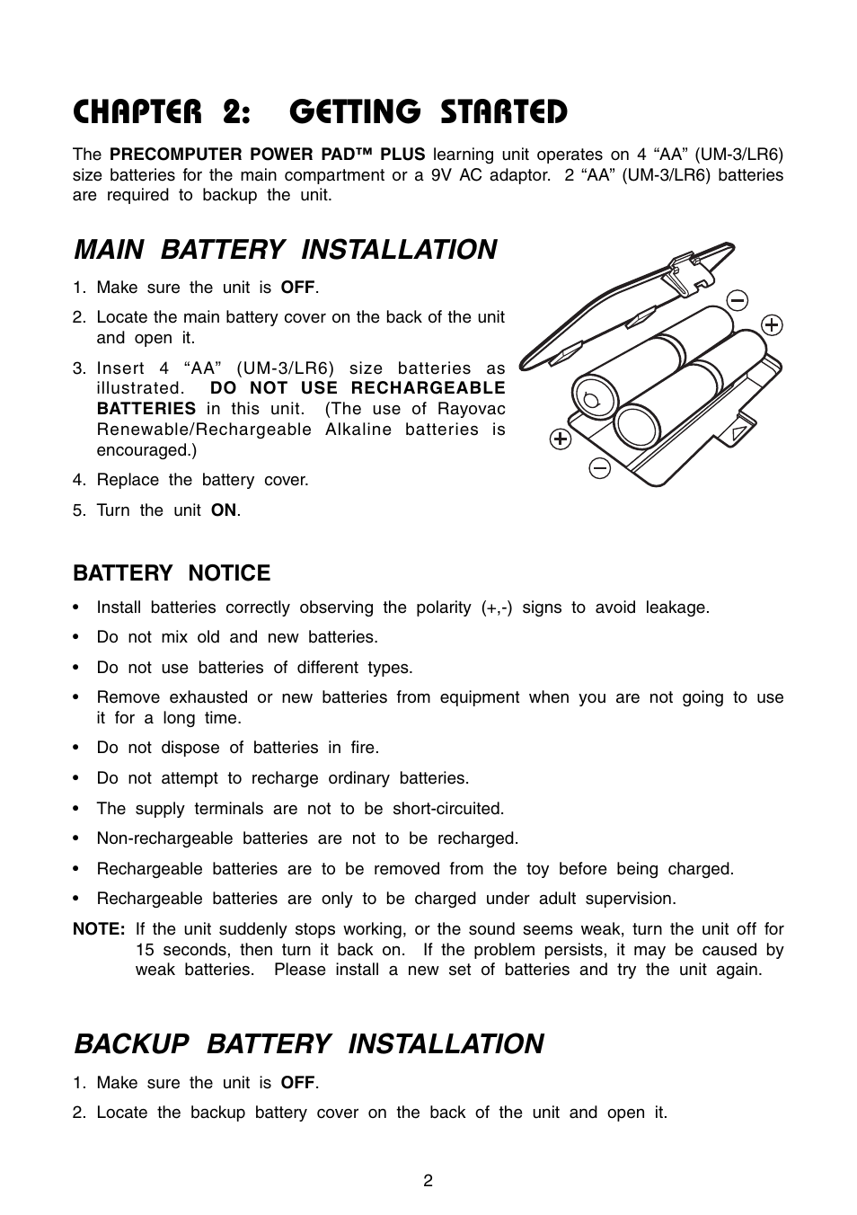 Chapter 2: getting started, Main battery installation, Backup battery installation | Battery notice | VTech Precomputer Power Pad Plus User Manual | Page 6 / 88