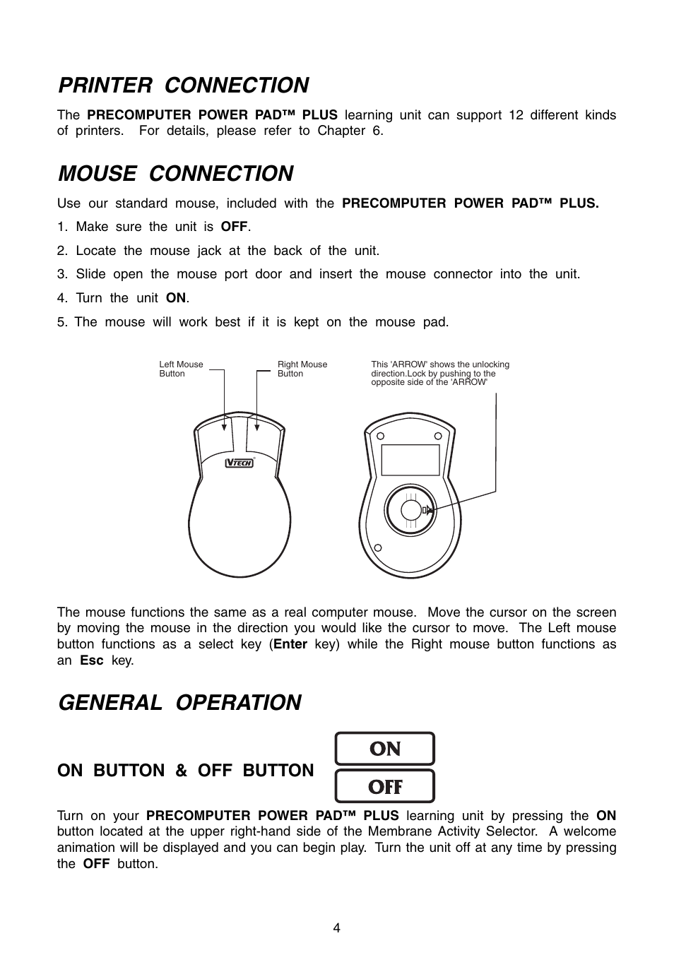 Printer connection, Mouse connection, General operation | On button & off button | VTech Precomputer Power Pad Plus User Manual | Page 8 / 88