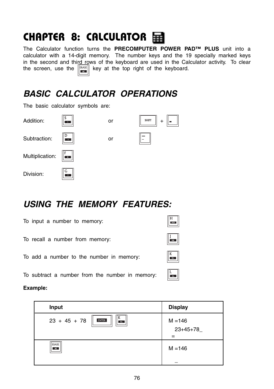Chapter 8: calculator, Basic calculator operations | VTech Precomputer Power Pad Plus User Manual | Page 80 / 88