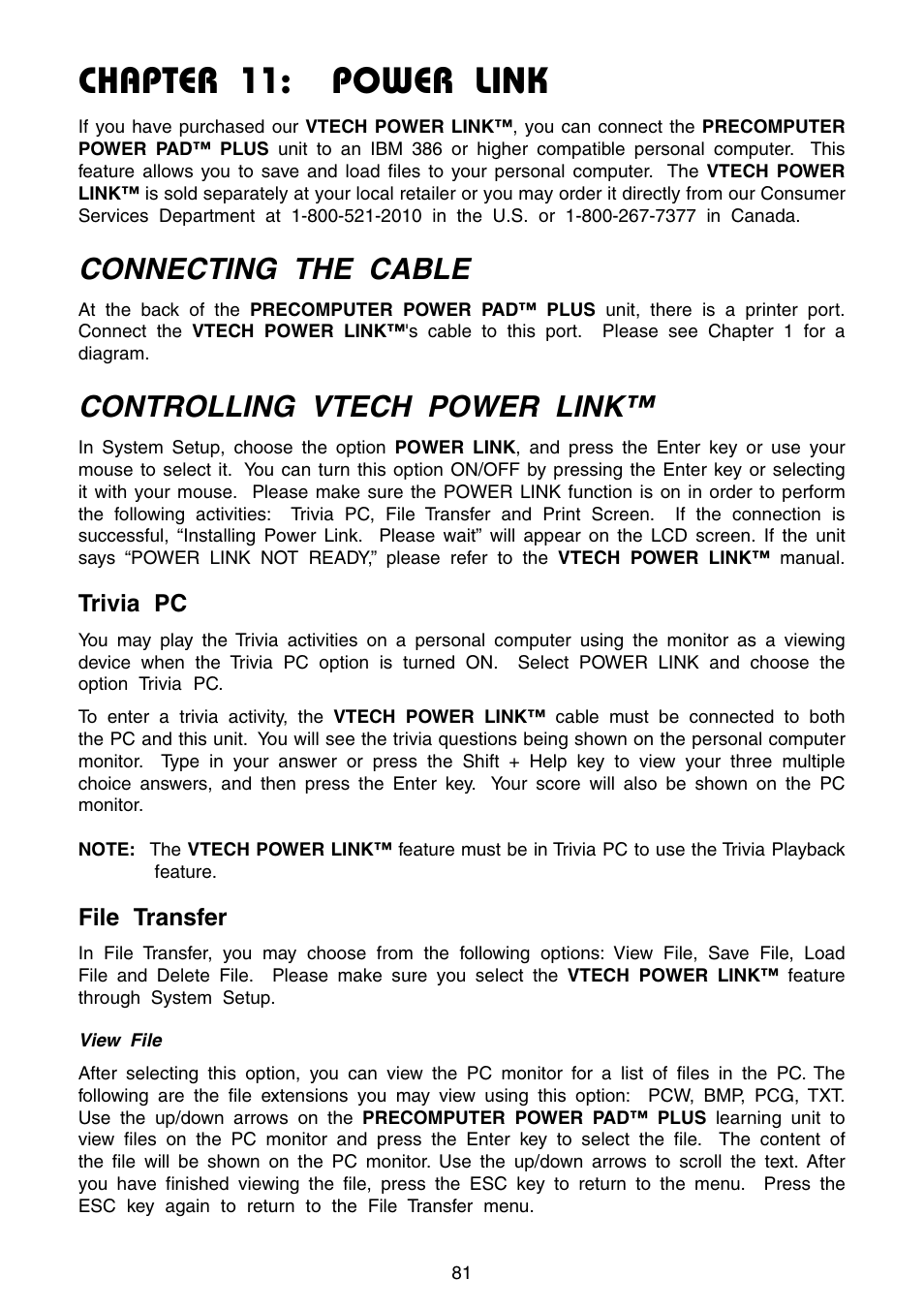 Chapter 11: power link, Connecting the cable, Controlling vtech power link | VTech Precomputer Power Pad Plus User Manual | Page 85 / 88