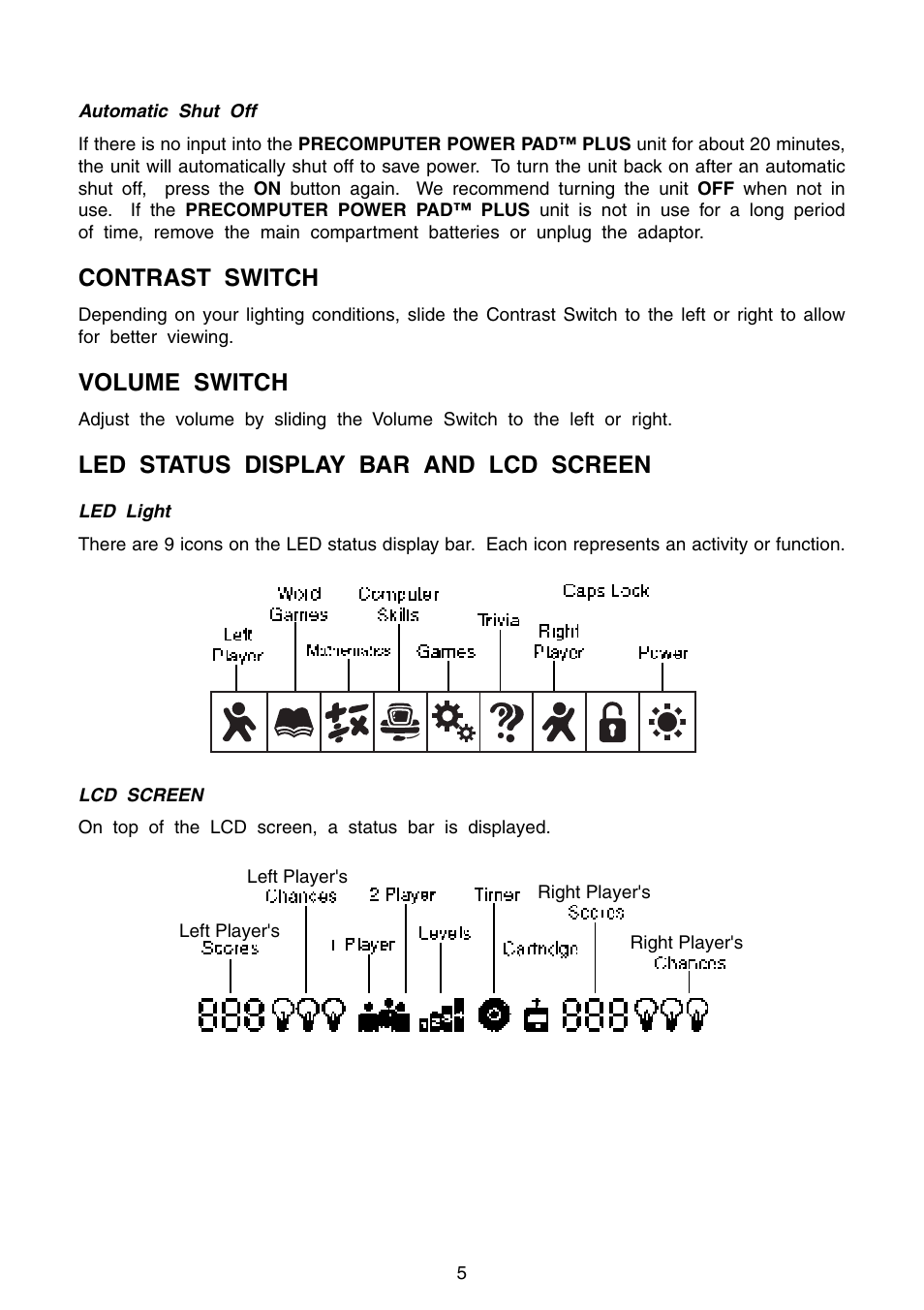 Contrast switch, Volume switch, Led status display bar and lcd screen | VTech Precomputer Power Pad Plus User Manual | Page 9 / 88