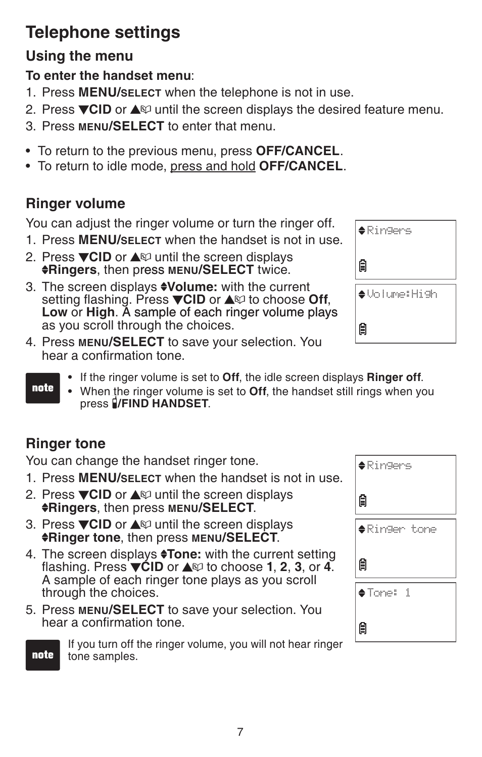 Telephone settings, Using the menu, Ringer volume | Ringer tone, Using the menu ringer volume ringer tone | VTech CS6114-2 User Manual | Page 10 / 43