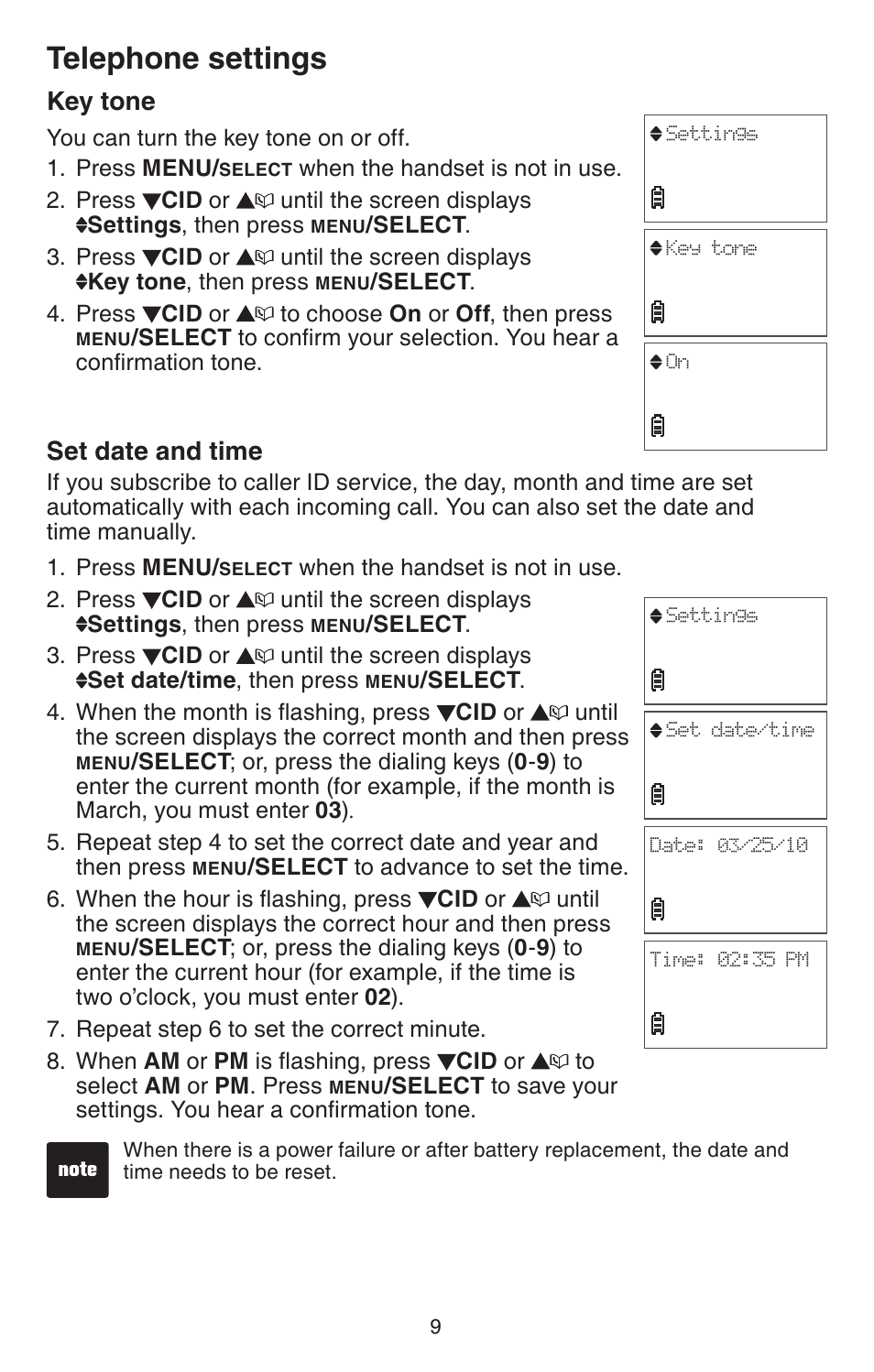 Key tone, Set date and time, Key tone set date and time | Telephone settings | VTech CS6114-2 User Manual | Page 12 / 43