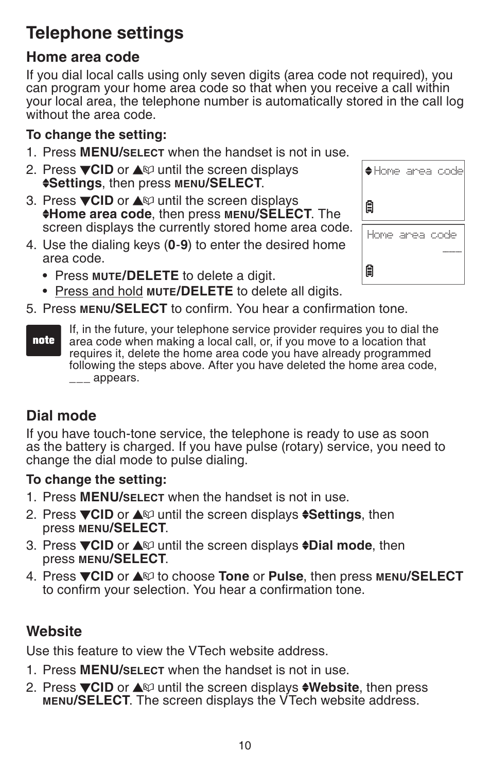 Home area code, Dial mode, Website | Home area code dial mode website, Telephone settings | VTech CS6114-2 User Manual | Page 13 / 43
