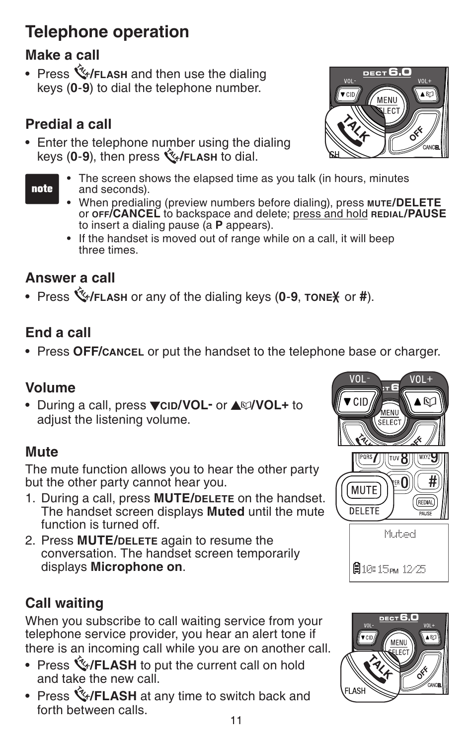 Telephone operation, Make a call, Predial a call | Answer a call, End a call, Volume, Mute, Call waiting | VTech CS6114-2 User Manual | Page 14 / 43