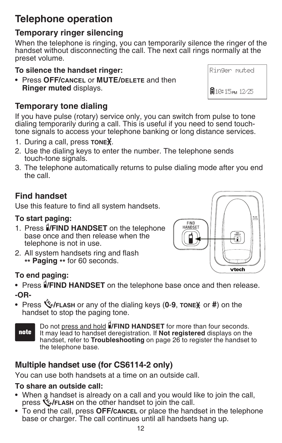 Temporary ringer silencing, Temporary tone dialing, Find handset | Telephone operation | VTech CS6114-2 User Manual | Page 15 / 43