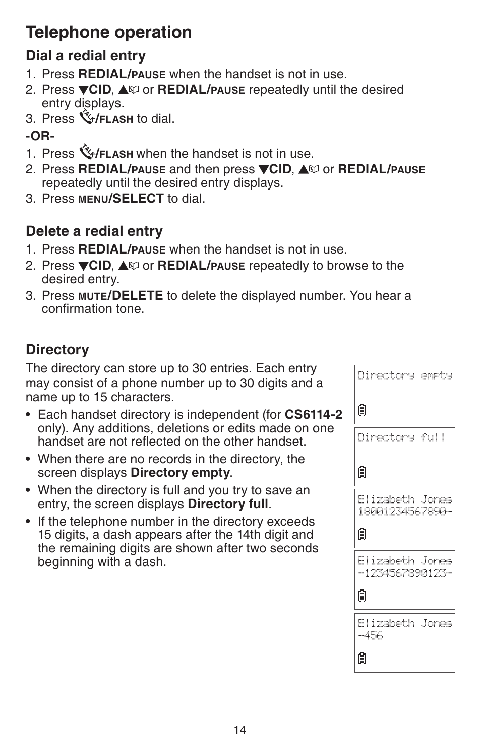 Dial a redial entry, Delete a redial entry, Directory | Telephone operation | VTech CS6114-2 User Manual | Page 17 / 43