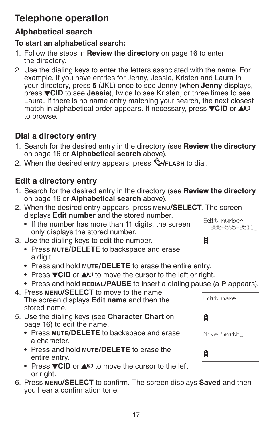 Alphabetical search, Dial a directory entry, Edit a directory entry | Telephone operation | VTech CS6114-2 User Manual | Page 20 / 43