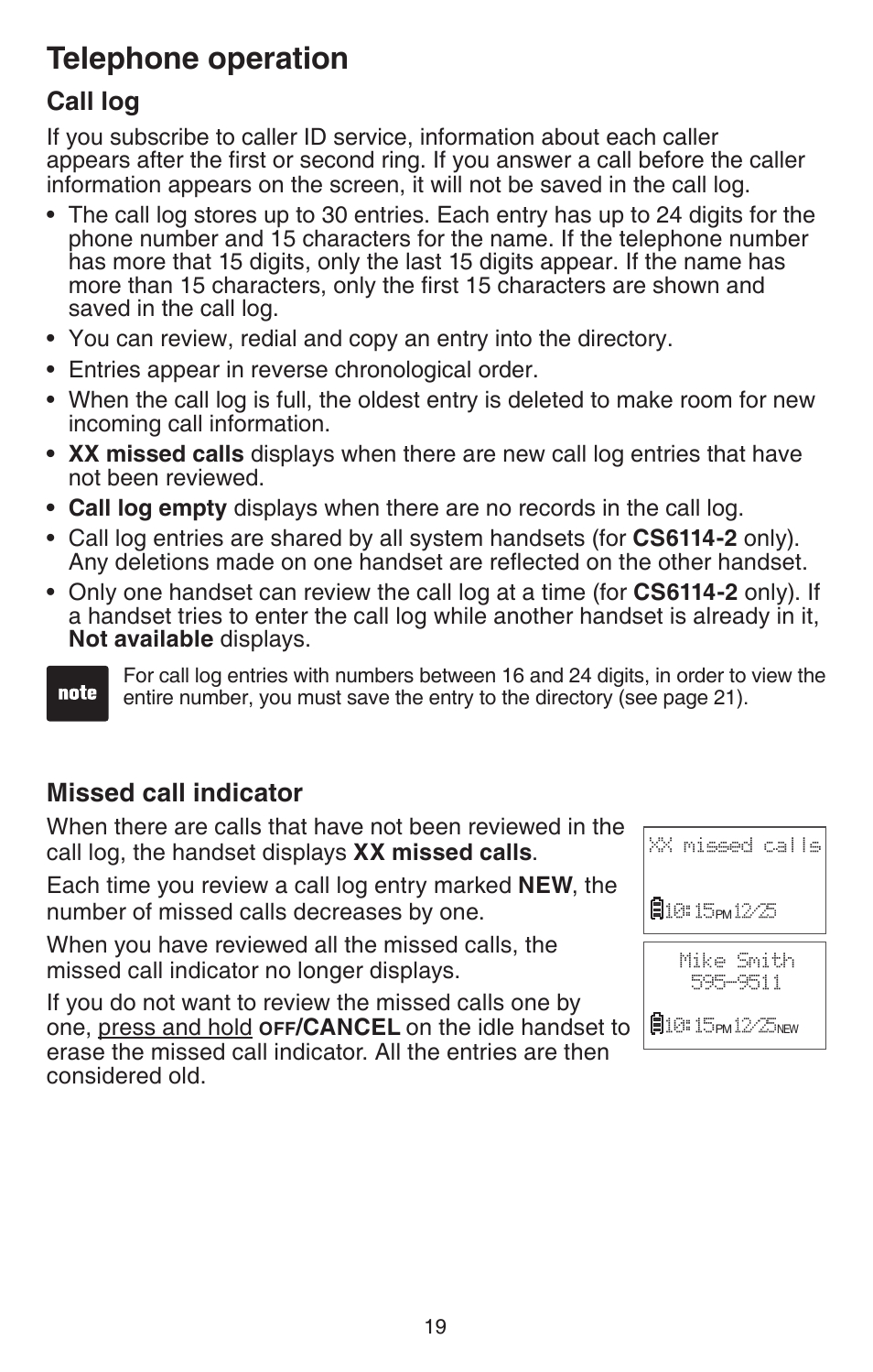 Call log, Missed call indicator, Call log missed call indicator | Telephone operation | VTech CS6114-2 User Manual | Page 22 / 43