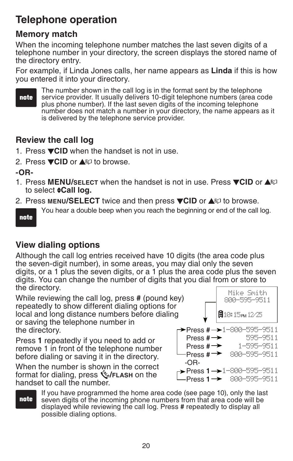 Memory match, Review the call log, View dialing options | Telephone operation | VTech CS6114-2 User Manual | Page 23 / 43