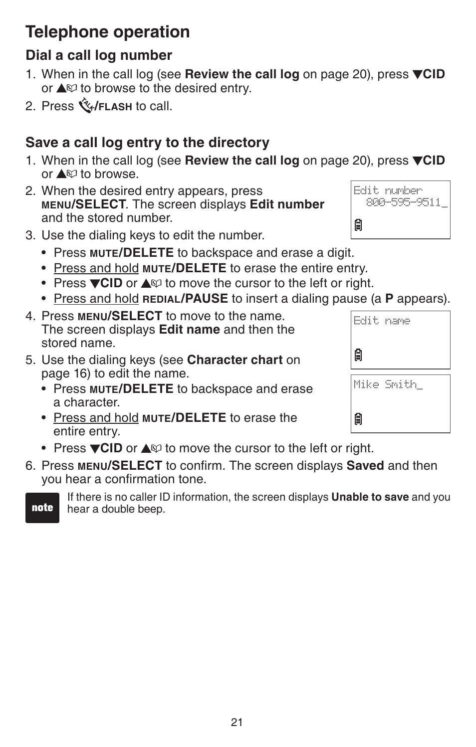 Dial a call log number, Save a call log entry to the directory, Dial a call log number save a call log entry to | The directory, Telephone operation | VTech CS6114-2 User Manual | Page 24 / 43