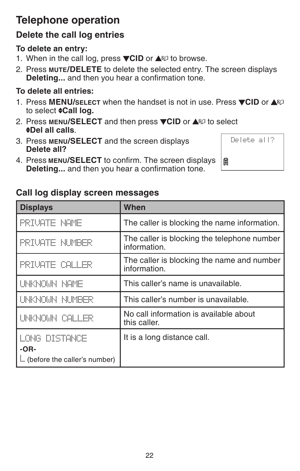 Delete from the call log, Call log display screen messages, Messages | Telephone operation, Delete the call log entries | VTech CS6114-2 User Manual | Page 25 / 43