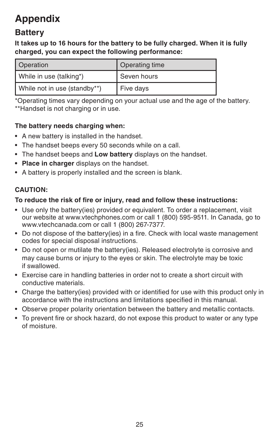Battery, Appendix | VTech CS6114-2 User Manual | Page 28 / 43