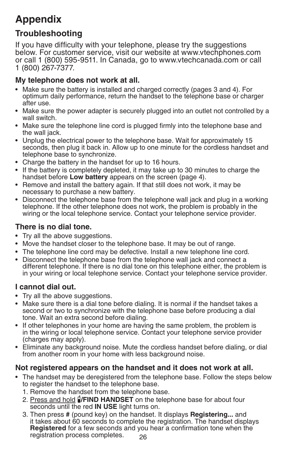 Troubleshooting, Appendix | VTech CS6114-2 User Manual | Page 29 / 43