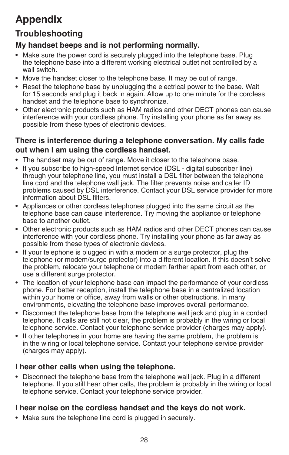 Appendix, Troubleshooting | VTech CS6114-2 User Manual | Page 31 / 43