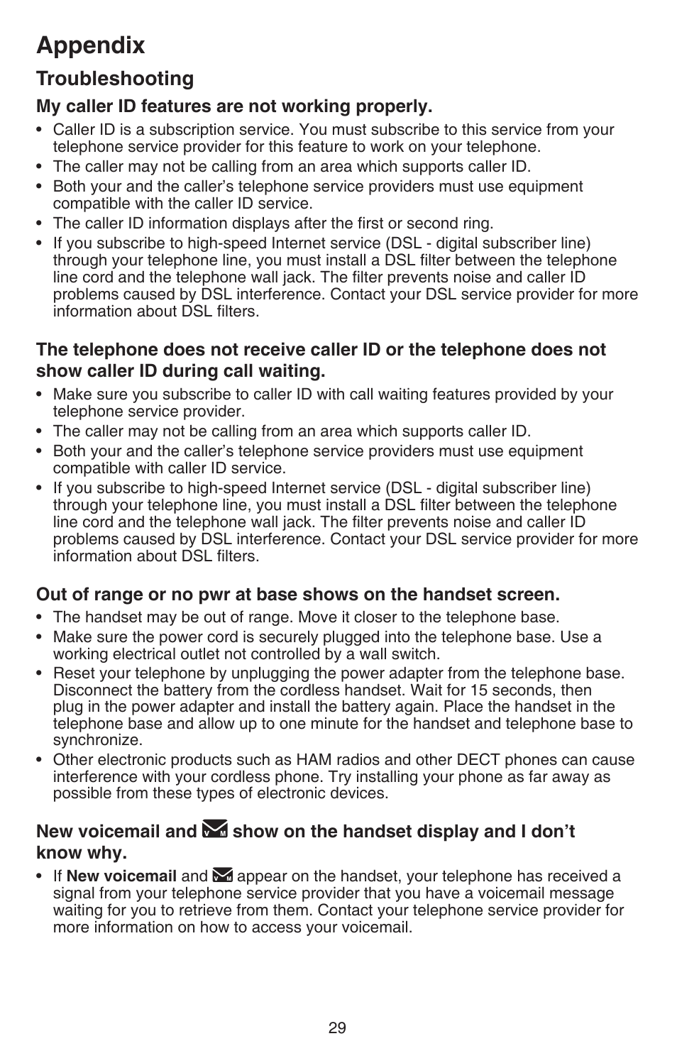 Appendix, Troubleshooting | VTech CS6114-2 User Manual | Page 32 / 43