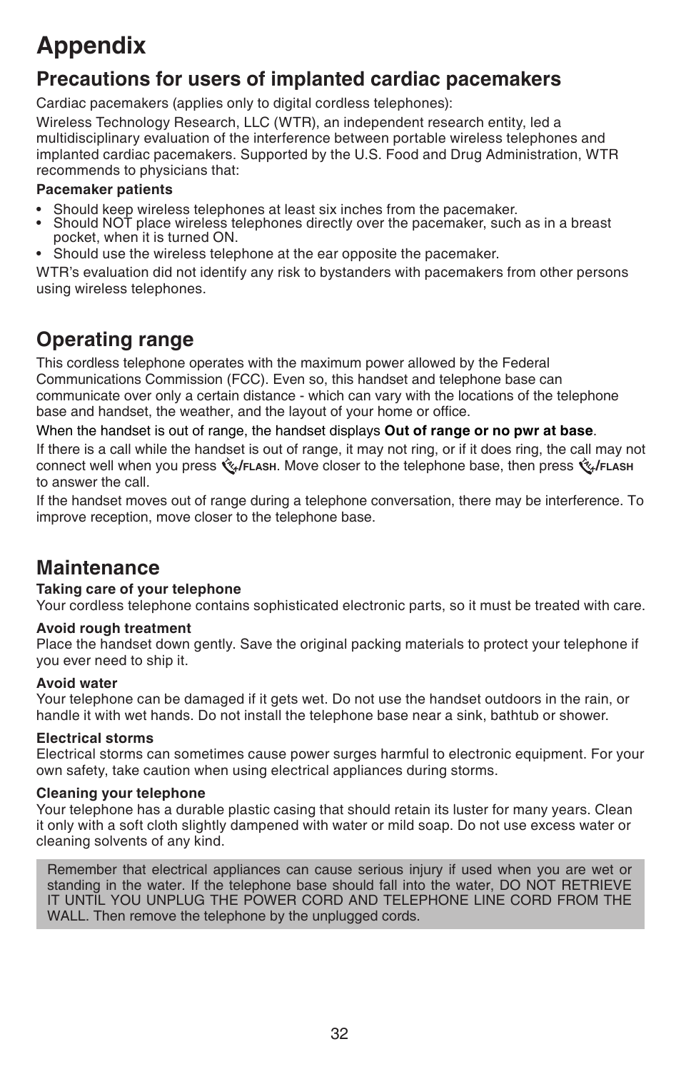 Operating range, Maintenance, Precautions for users of implanted | Cardiac pacemakers, Operating range maintenance, Appendix | VTech CS6114-2 User Manual | Page 35 / 43