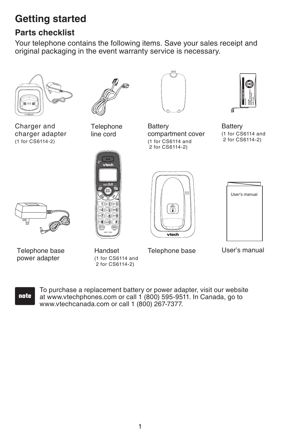 Getting started, Parts checklist | VTech CS6114-2 User Manual | Page 4 / 43