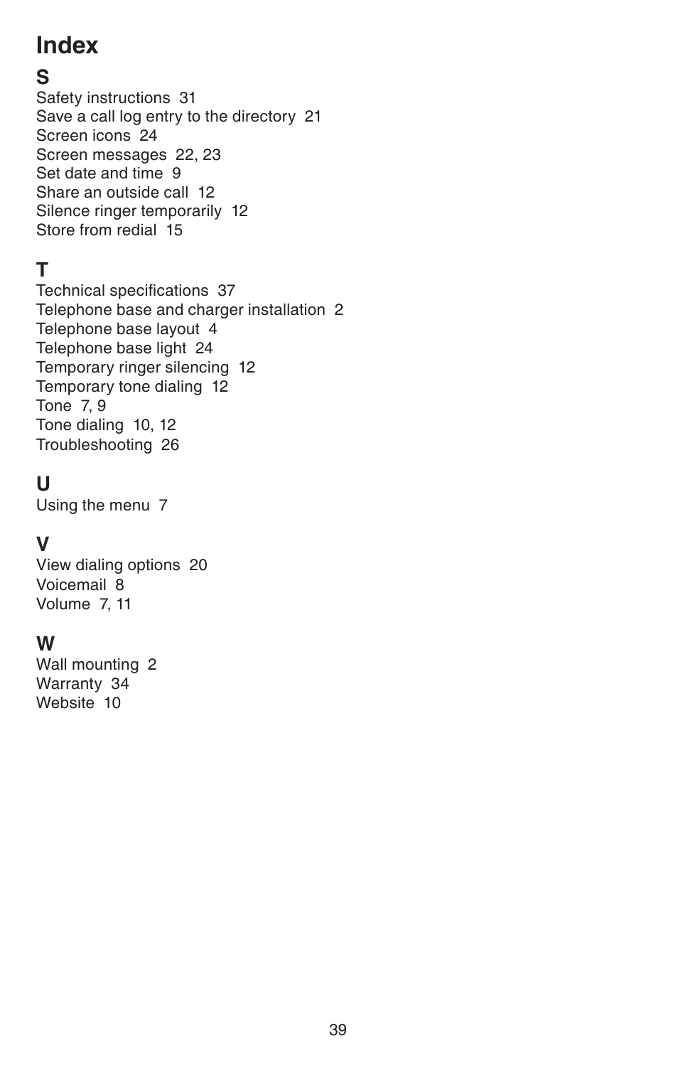 Index | VTech CS6114-2 User Manual | Page 42 / 43