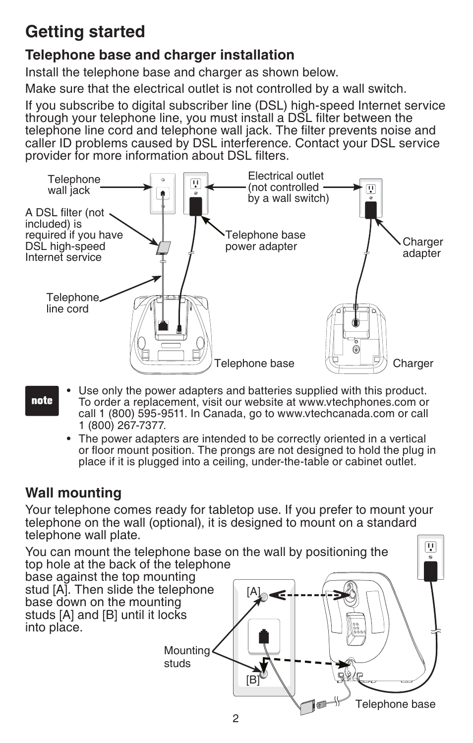 Telephone base installation, Wall mounting, Telephone base and | Charger installation, Getting started, Telephone base and charger installation | VTech CS6114-2 User Manual | Page 5 / 43
