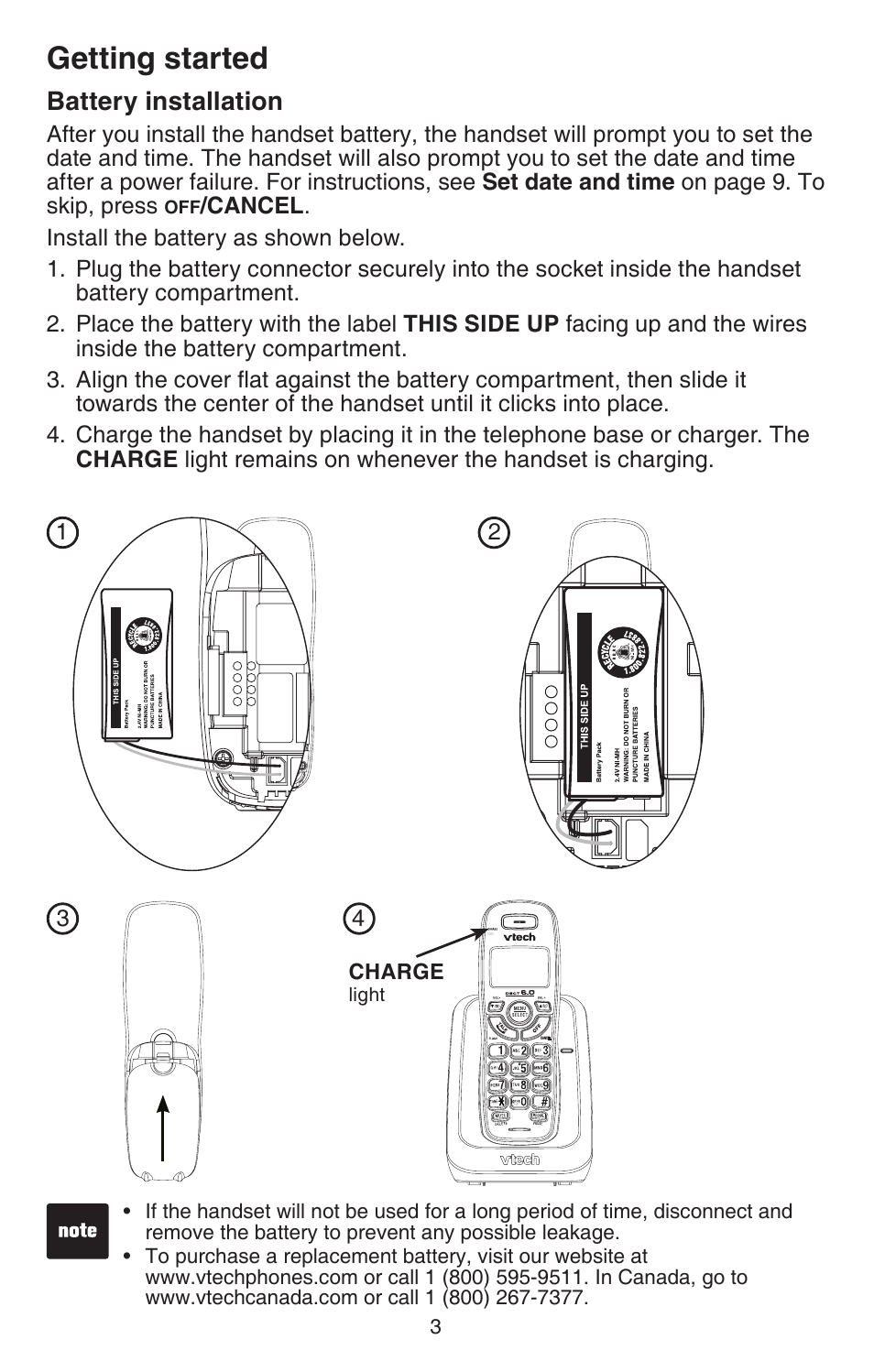 Battery installation, Getting started | VTech CS6114-2 User Manual | Page 6 / 43