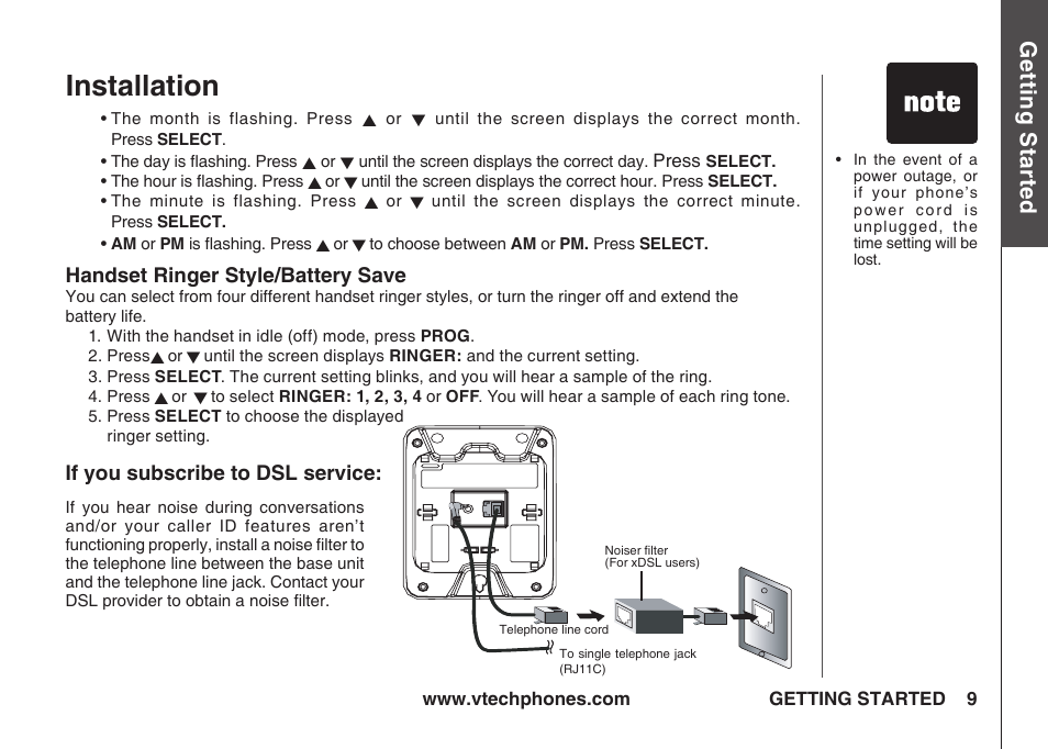 Handset ringer style/battery save, If you subscribe to dsl service, Installation | Gett in g s ta rte d | VTech IA5823 User Manual | Page 10 / 44