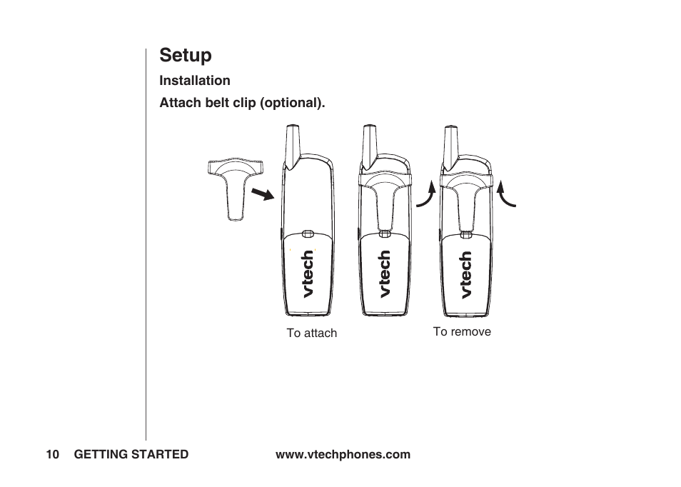 Setup, Attach belt clip | VTech IA5823 User Manual | Page 11 / 44