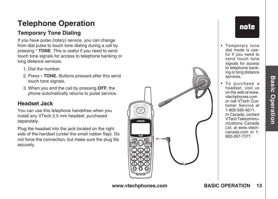 Temporary tone dialing, Headset jack, Telephone operation | Bas ic o pe ra tio n | VTech IA5823 User Manual | Page 14 / 44