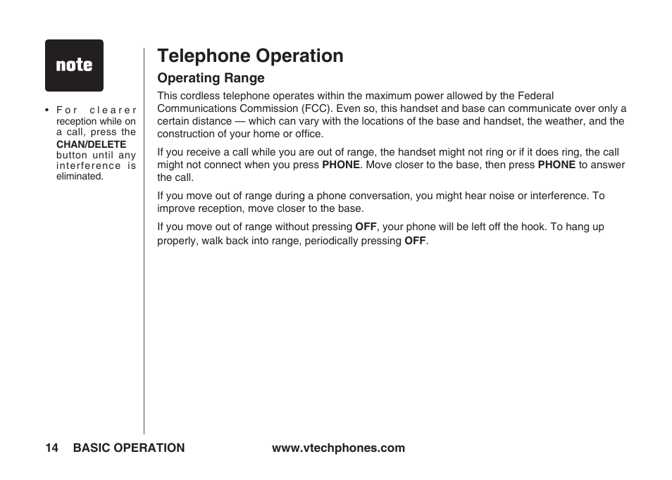 Operating range, Telephone operation | VTech IA5823 User Manual | Page 15 / 44