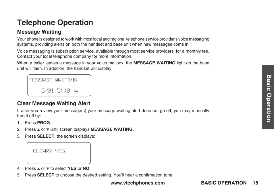 Message waiting, Clear message waiting alert, Telephone operation | Bas ic o pe ra tio n | VTech IA5823 User Manual | Page 16 / 44
