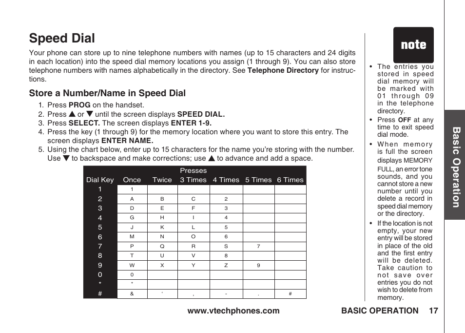 Speed dial, Store a number/name in speed dial, Bas ic o pe ra tio n | Basic operation | VTech IA5823 User Manual | Page 18 / 44