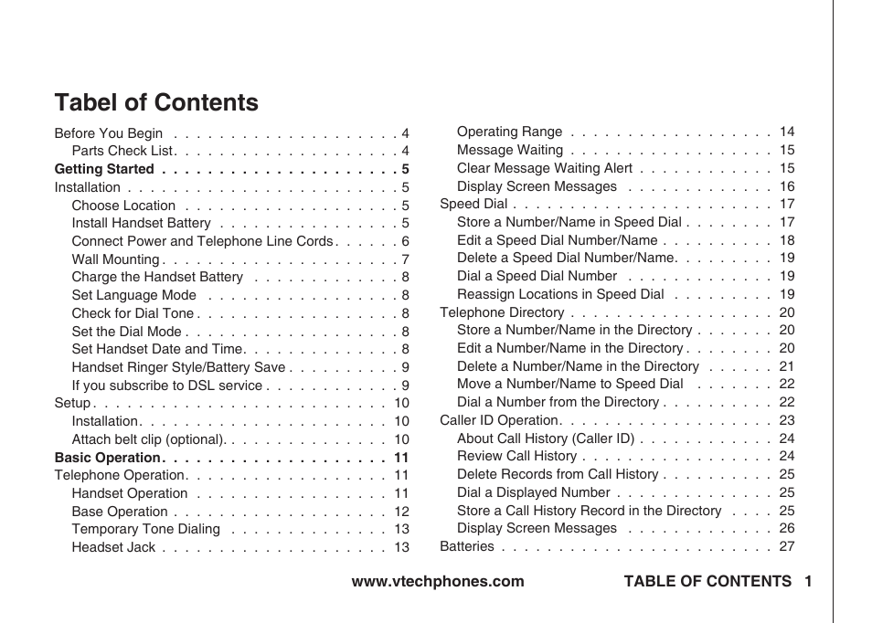 Tabel of contents | VTech IA5823 User Manual | Page 2 / 44