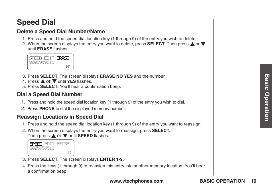 Delete a speed dial number/name, Dial a speed dial number, Reassign locations in speed dial | Speed dial, Bas ic o pe ra tio n | VTech IA5823 User Manual | Page 20 / 44