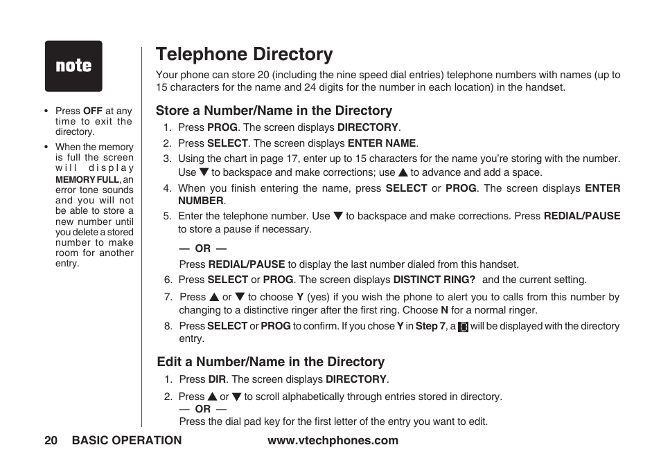 Telephone directory, Store a number/name in the directory, Edit a number/name in the directory | VTech IA5823 User Manual | Page 21 / 44