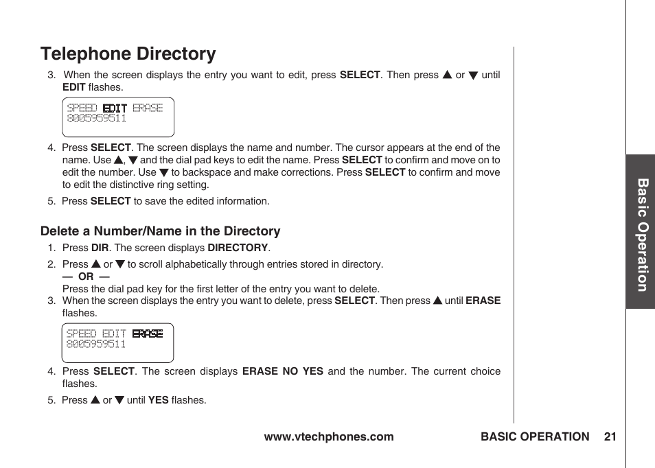 Delete a number/name in the directory, Telephone directory, Bas ic o pe ra tio n | VTech IA5823 User Manual | Page 22 / 44