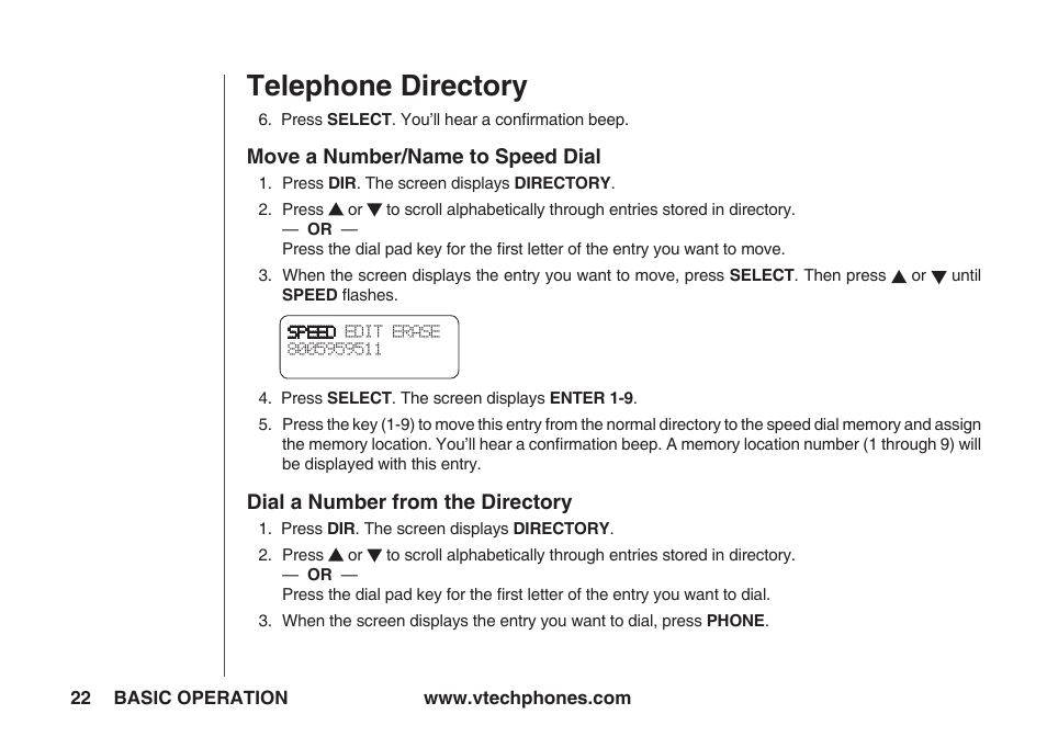 Move a number/name to speed dial, Dial a number from the directory, Telephone directory | VTech IA5823 User Manual | Page 23 / 44