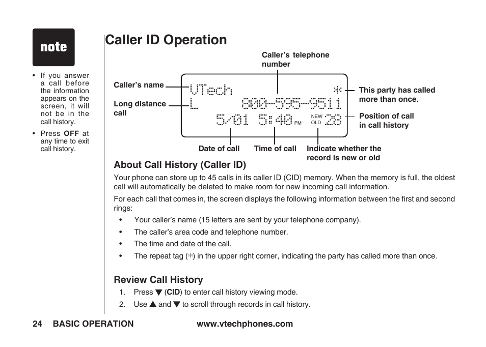About call history (caller id), Review call history, Caller id operation | VTech IA5823 User Manual | Page 25 / 44