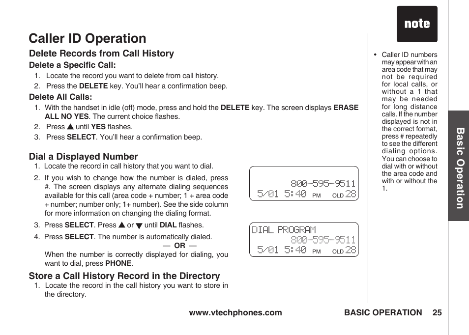 Delete records from call history, Delete a specific call, Delete all calls | Dial a displayed number, Store a call history record in the directory, Caller id operation, Bas ic o pe ra tio n | VTech IA5823 User Manual | Page 26 / 44