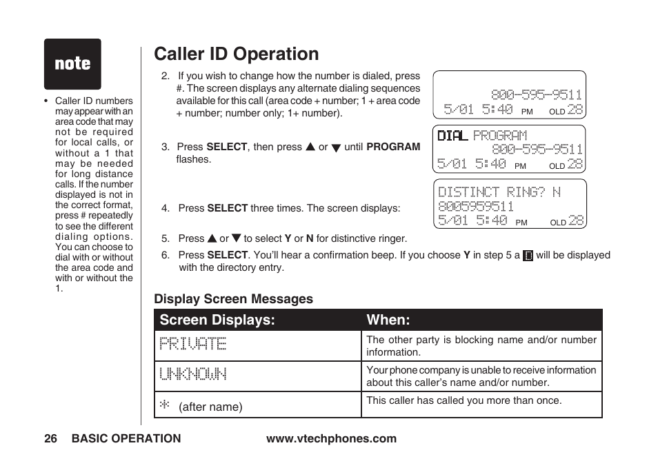 Display screen messages, Caller id operation, Screen displays: when | VTech IA5823 User Manual | Page 27 / 44