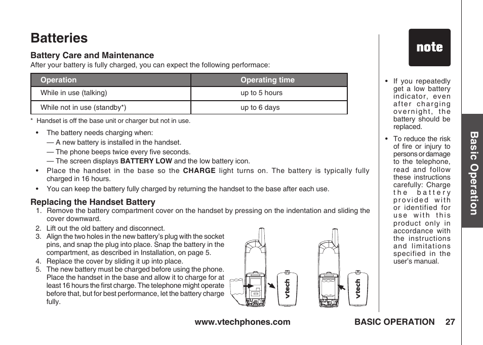 Batteries, Battery care and maintenance, Replacing the handset battery | Bas ic o pe ra tio n | VTech IA5823 User Manual | Page 28 / 44