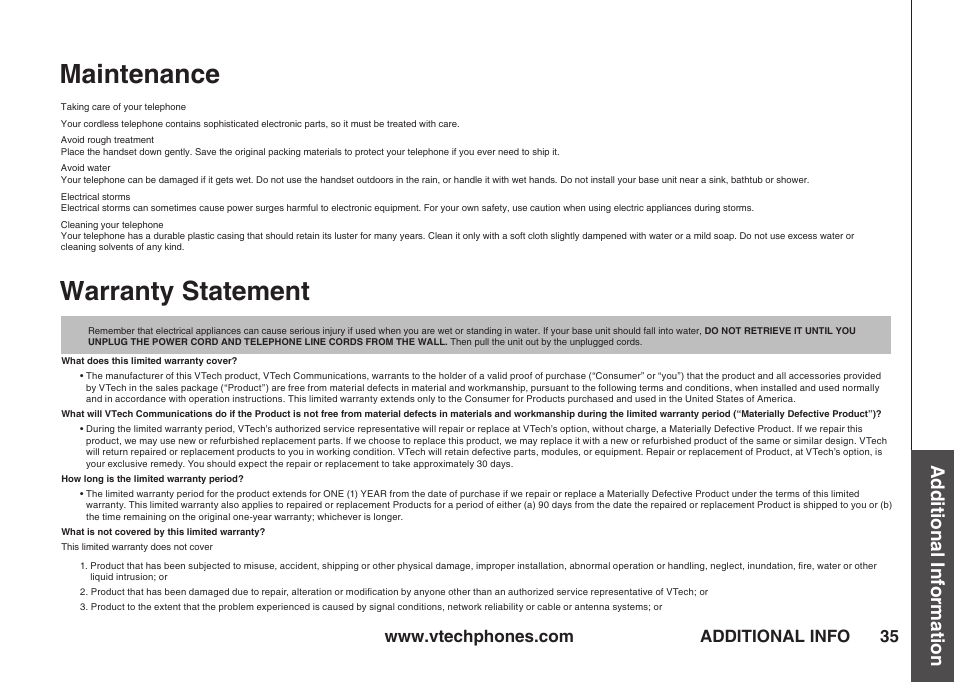 Maintenance, Warranty statement, Additional information | Additional info | VTech IA5823 User Manual | Page 36 / 44