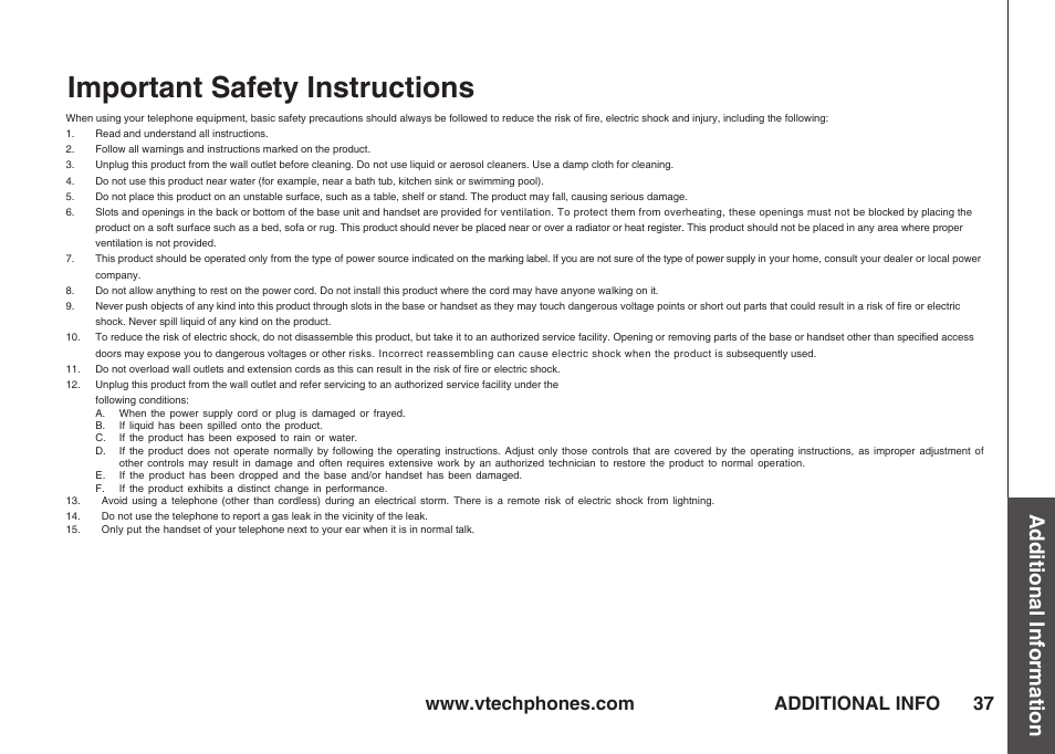 Important safety instructions, Additional information, Additional info | VTech IA5823 User Manual | Page 38 / 44