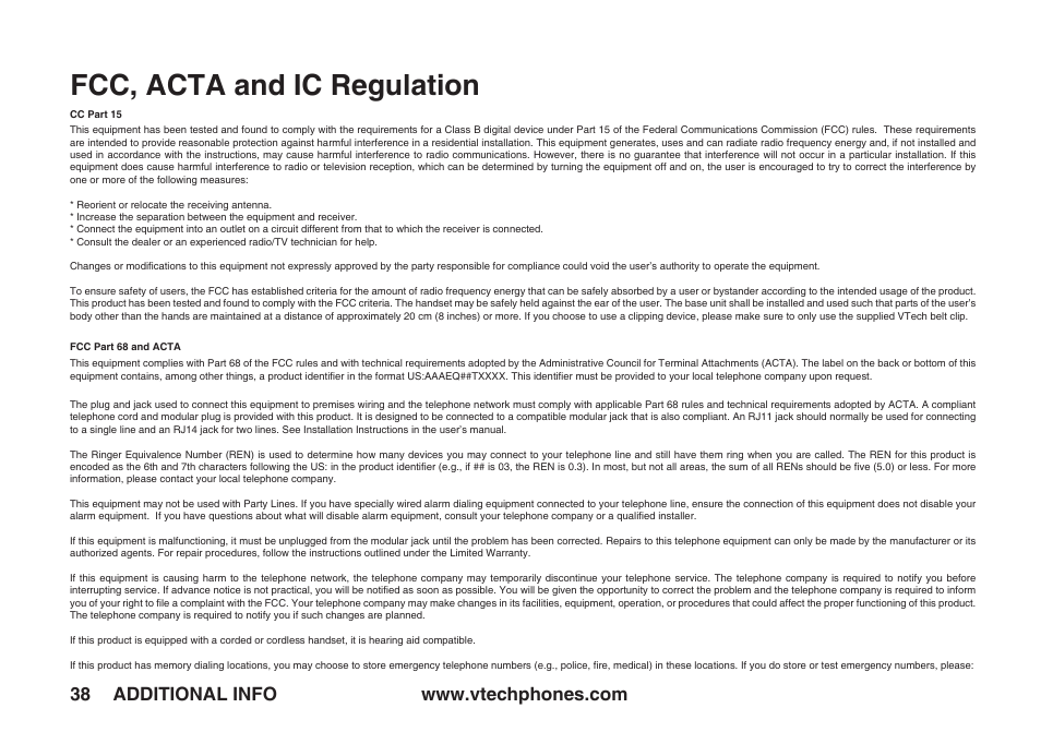 Fcc, acta and ic regulation | VTech IA5823 User Manual | Page 39 / 44