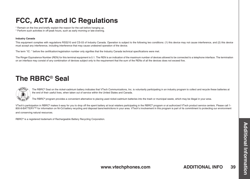 The rbrc® seal, Fcc, acta and ic regulations, The rbrc | Seal, Additional information, Additional info | VTech IA5823 User Manual | Page 40 / 44