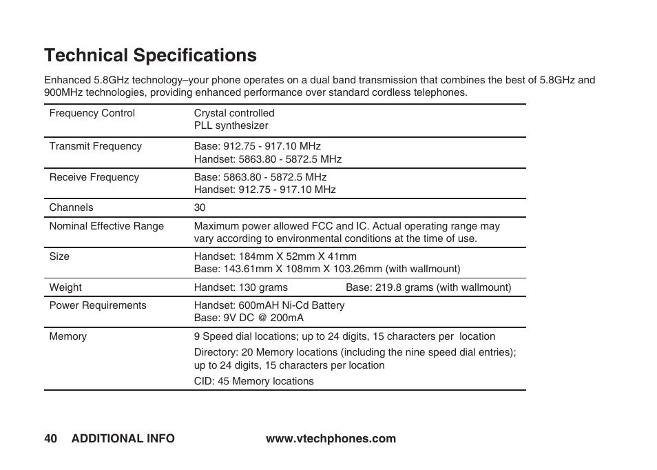 Technical specifications, Technical speciﬁcations | VTech IA5823 User Manual | Page 41 / 44